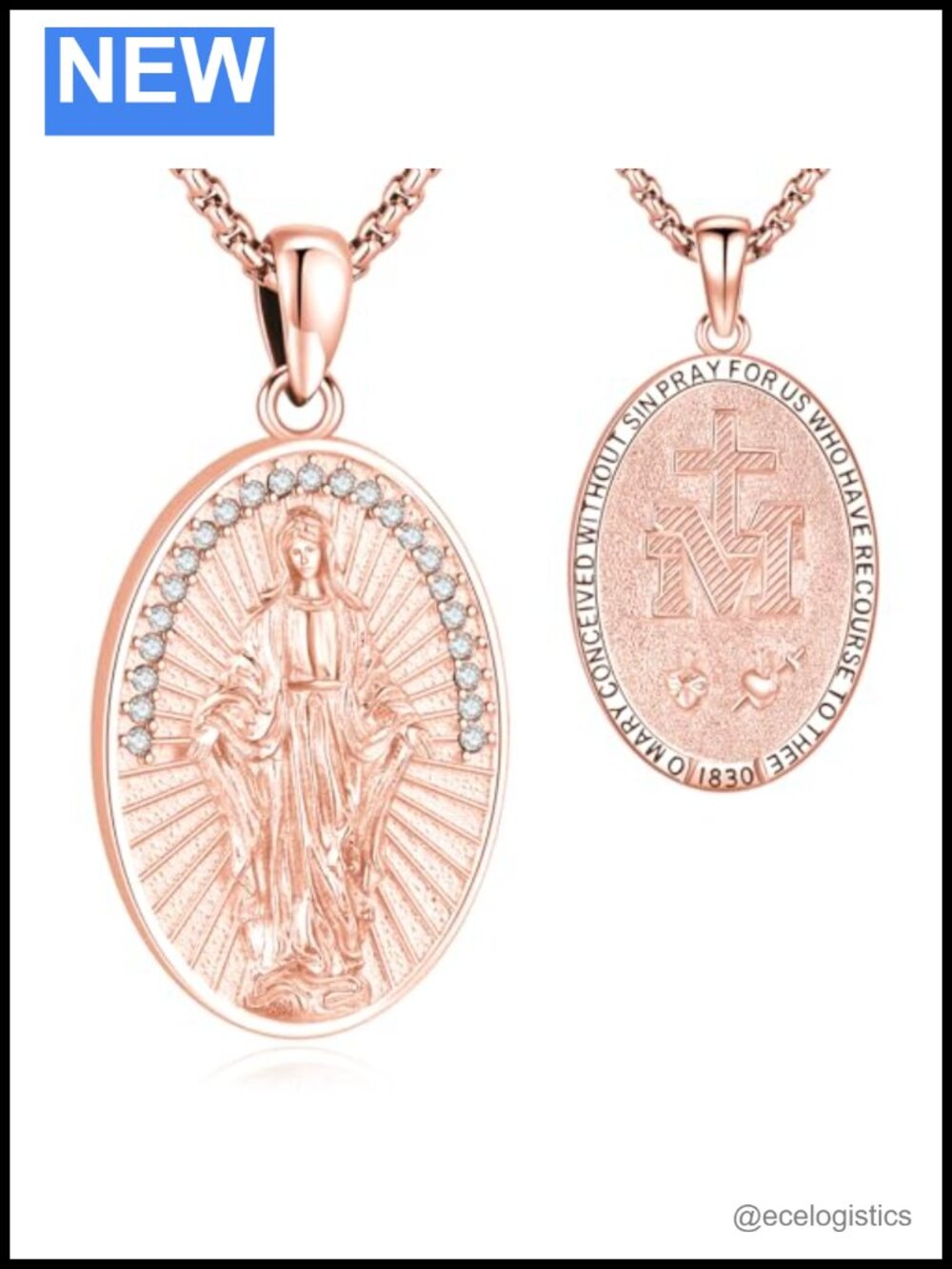 Sterling Silver 925 Rose Gold Plated Virgin Mary Pendant Necklace 22in